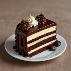 Decadent chocolate cake with rich, creamy frosting, topped with chocolate shavings and a glossy ganache, beautifully presented on a rustic wooden table, perfect for dessert lovers