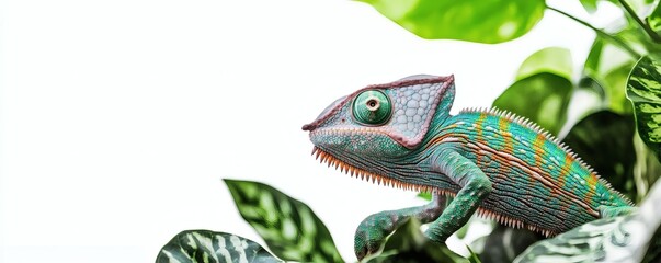 A colorful chameleon perched among vibrant green leafy vegetation