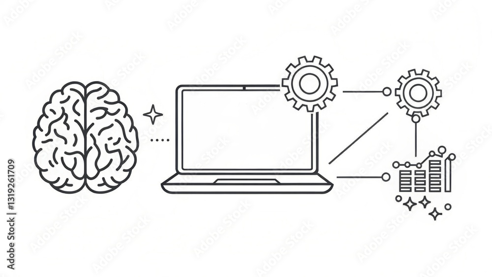 Poster llm large language models. brain connected to laptop with gears, symbolizing technology and intellig