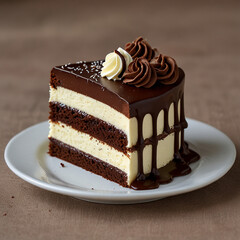 Decadent chocolate cake with rich, creamy frosting, topped with chocolate shavings and a glossy ganache, beautifully presented on a rustic wooden table, perfect for dessert lovers
