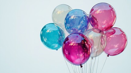 A Whimsical Cluster Of Iridescent Balloons Floating Against A Clear Sky, Shimmering With Pastel Hues And Translucent Beauty