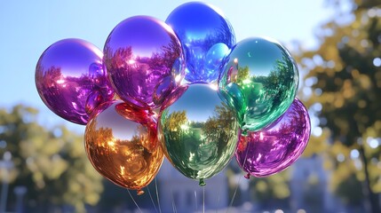 A Jubilant Burst Of Iridescent Balloons Reflecting A Sunny Autumn Day Against A Blurred Park Backdrop, Shimmering With Vibrant Hues And Joyful Energy