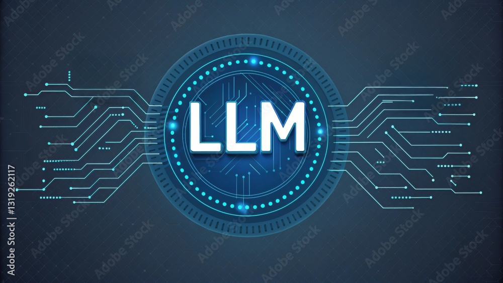 Poster llm large language models. digital representation of llm with circuits on a dark background.