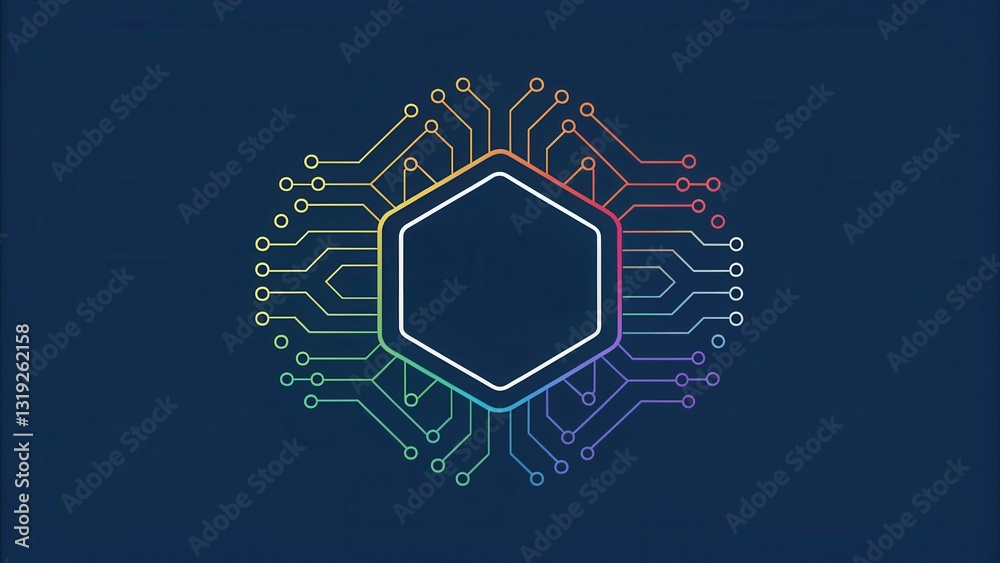 Poster llm large language models. abstract geometric design featuring colorful circuit lines around a hexag