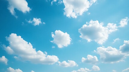 Fluffy white clouds drifting across a bright blue sky, serene natural canvas, perfect for uplifting backgrounds or designs.