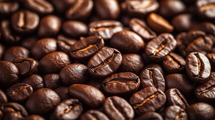 Obraz premium Roasted Coffee Bean Cascade: A close-up shot showcasing a pile of freshly roasted coffee beans, revealing intricate textures and rich brown tones.