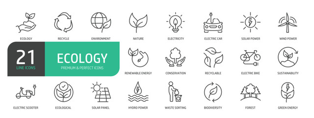 Set Of Ecology Line Icons. Set contains such icons as Recycle, Environment, Nature, Renewable Energy, Conservation, Sustainability, Biodiversity, Forest, and more.