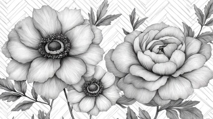Fototapeta premium Elegant grayscale floral design with detailed botanical illustrations