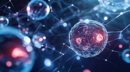 Obraz premium A conceptual representation of stem cell therapy with glowing microscopic cells in motion, surrounded by futuristic AI-driven health analytics