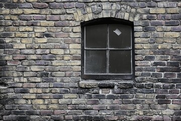 Rustic brick wall with small window close-up. Neural network AI generated