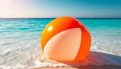 Obraz premium A vibrant orange and cream beach ball rests gently in the foamy surf, the sunlit ocean providing a tranquil backdrop to a day of summer fun.