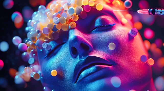 A surreal and vibrant abstract human face with pills and a syringe, reflecting the theme of antiaging treatments and the evolving quest for eternal youth