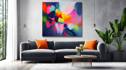 vibrant abstract painting with bold brushstrokes and bright colors hangs in modern living room with dark sofa and orange cushions, creating lively atmosphere