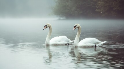 Fototapeta premium Misty morning, two swans on a lake