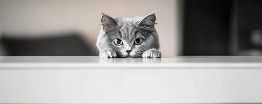 A gray fluffy cat looking over the edge of a surface