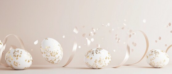 Easter white eggs with golden floral patterns and ribbons on light background. Festive decorative eggs for holiday celebration and wallpaper design.