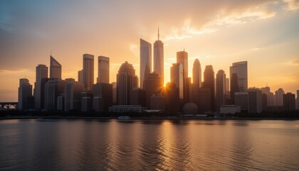 Fototapeta premium City skyline at sunset with buildings reflecting the golden light