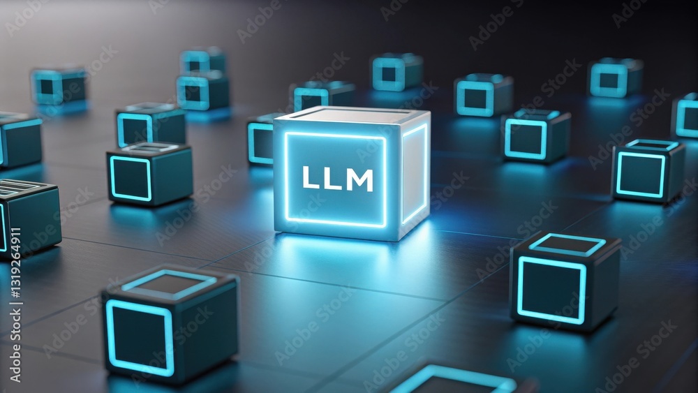 Poster llm large language models. futuristic digital cubes with glowing edges and 
