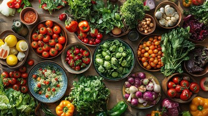Fototapeta premium Colorful fresh vegetables arranged on rustic wooden table; healthy eating; assorted produce