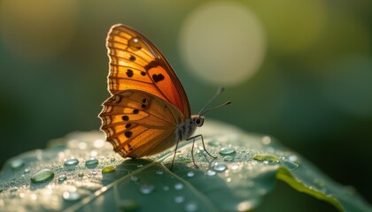 Obraz premium Close-up of a vibrant butterfly with dew on its wings