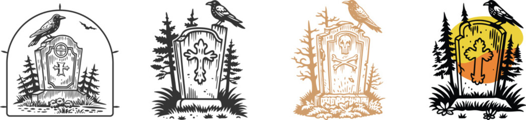set of Old gravestone and raven black vector, engraving sketch ink poster black illustration etching style tattoo, color cemetery, raven, color blobs, tombstone, gravestone, ghost, graveyard
