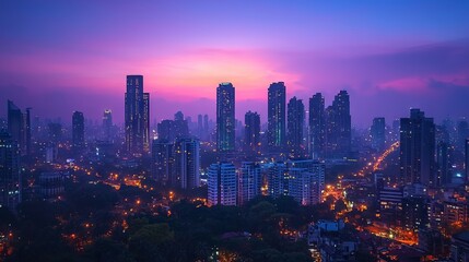 Obraz premium Vibrant City Skyline at Dusk with Colorful Sky and Urban Lights