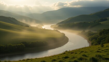 Obraz premium Green valley with a river at sunrise