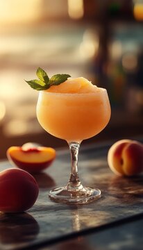frozen peach margarita daquiri blended cocktail in a glass at a bar on the beach
