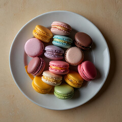 Delicious assorted macarons in vibrant pastel colors, elegantly arranged on a rustic wooden table with soft natural lighting, creating a perfect sweet treat for dessert lovers and café aesthetics