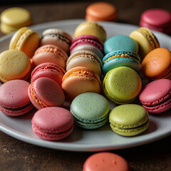 Delicious assorted macarons in vibrant pastel colors, elegantly arranged on a rustic wooden table with soft natural lighting, creating a perfect sweet treat for dessert lovers and café aesthetics