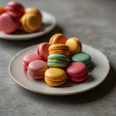 Delicious assorted macarons in vibrant pastel colors, elegantly arranged on a rustic wooden table with soft natural lighting, creating a perfect sweet treat for dessert lovers and café aesthetics
