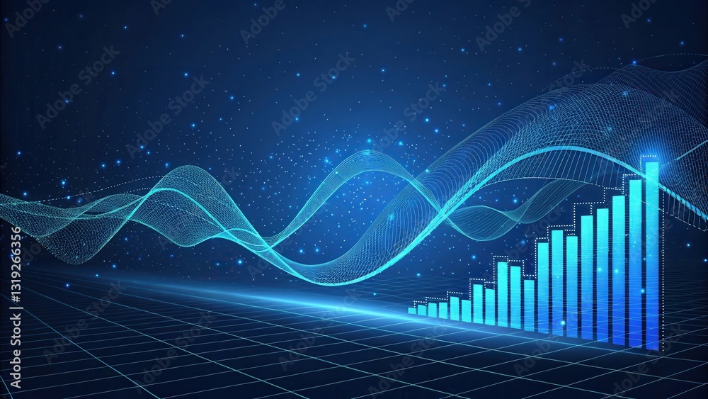Poster llm large language models. abstract digital background with waves and a bar chart in blue tones.