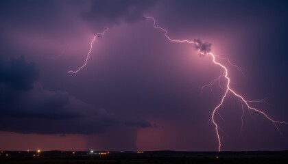  Multiple Lightning Strikes in a Purple-Tinted Sky
