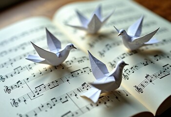 Origami paper doves resting gracefully on a music score, copy space.