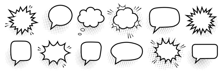 Fototapeta premium Set of retro empty comic speech bubbles with black halftone shadows. Vintage pop art design, perfect for comics, posters, and creative projects.