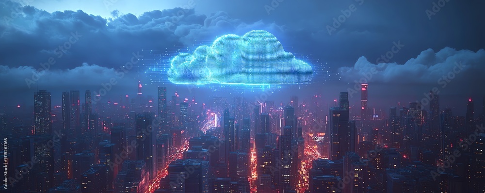 Poster cloud computing concept with a digital cloud hovering over a cityscape, symbolizing data storage and