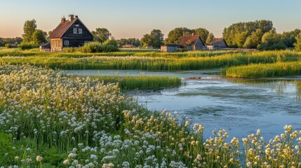 Obraz premium Rustic Wooden Houses Beside A Calm Summer Pond