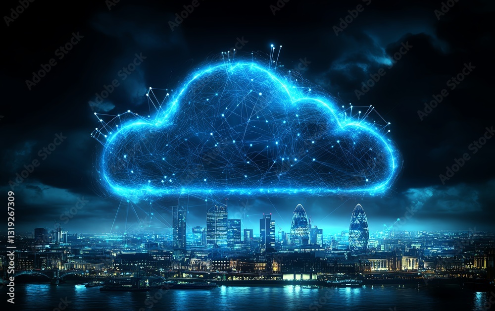 Poster cloud computing concept with a digital cloud hovering over a cityscape, symbolizing data storage and