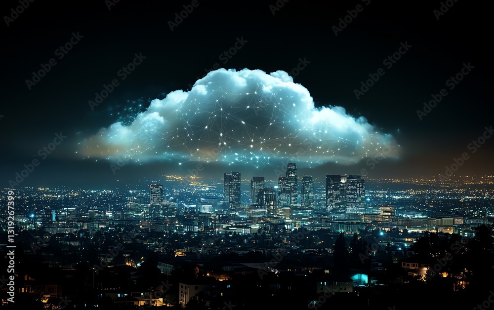 Poster cloud computing concept with a digital cloud hovering over a cityscape, symbolizing data storage and