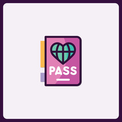 Stylized pink passport icon featuring a heart shaped emblem design