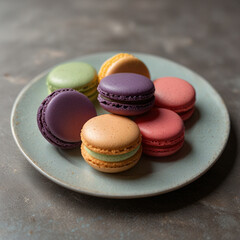 Delicious assorted macarons in vibrant pastel colors, elegantly arranged on a rustic wooden table with soft natural lighting, creating a perfect sweet treat for dessert lovers and café aesthetics
