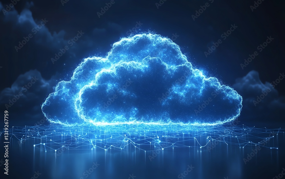 Poster futuristic digital clouds connected by glowing network lines, illustrating cloud computing and it in