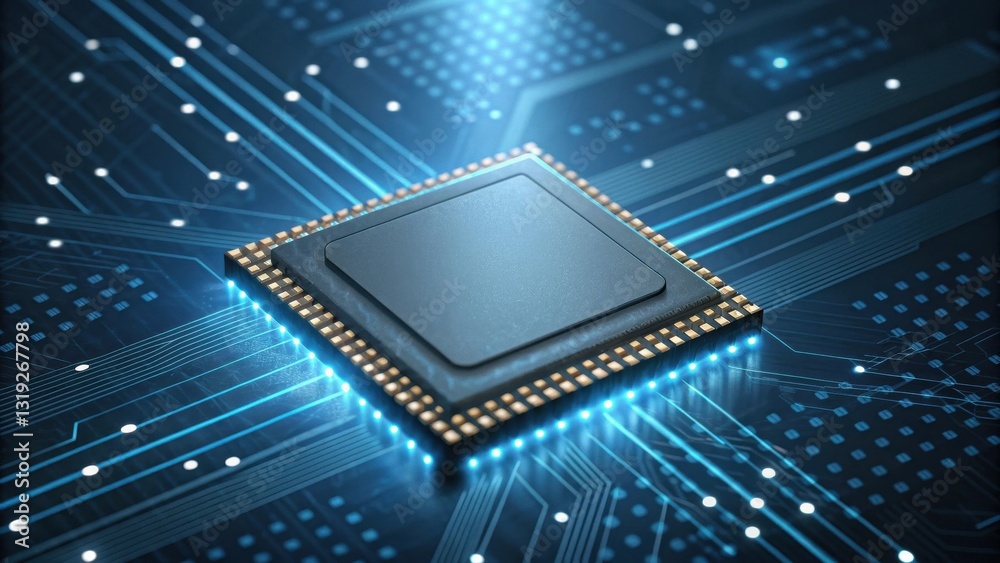 Poster llm large language models. high-tech microchip on a circuit board glowing with blue light.