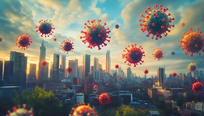 Urban health challenges illustrated by colorful virus particles hovering over a city skyline, emphasizing the impact of infectious diseases in densely populated urban environments
