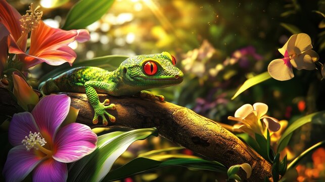 Green gecko resting on branch with tropical flowers and lush foliage