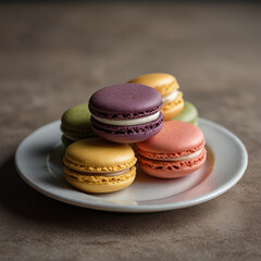 Delicious assorted macarons in vibrant pastel colors, elegantly arranged on a rustic wooden table with soft natural lighting, creating a perfect sweet treat for dessert lovers and café aesthetics