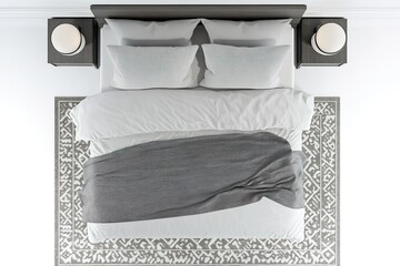Modern Bedroom Top View Stylish Bed, Gray Blanket, and Geometric Rug