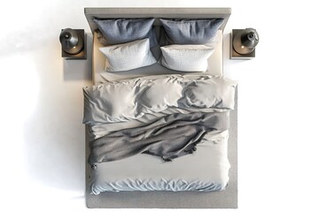 Modern Minimalist Bedroom Top View Beige Bedding, Grey Throw, Nightstands