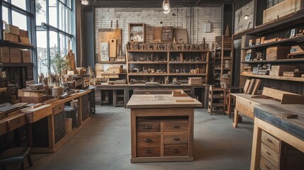Wooden workshop interior, tools, and supplies. Possible stock photo