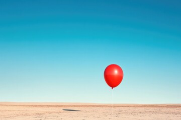 single inflated red balloon floats in barren landscape under clear blue sky symbolizing inflation